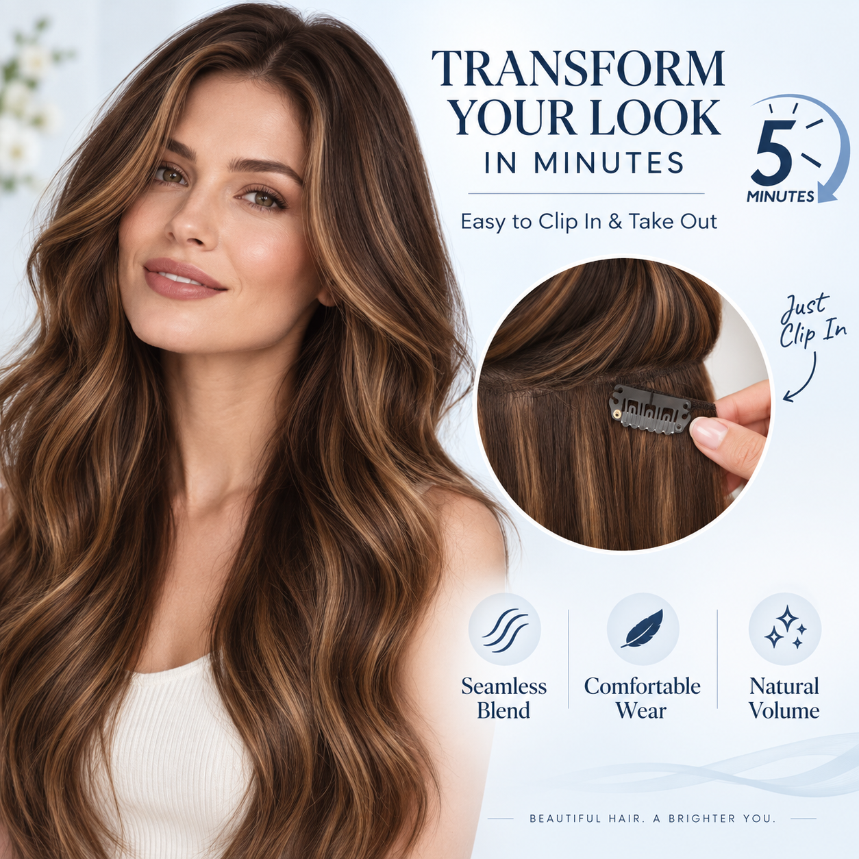 JOPEAR Straight Raw Human Hair Clip-In Extensions – Chocolate Brown to Honey Blonde Highlights (T2/6/P2)