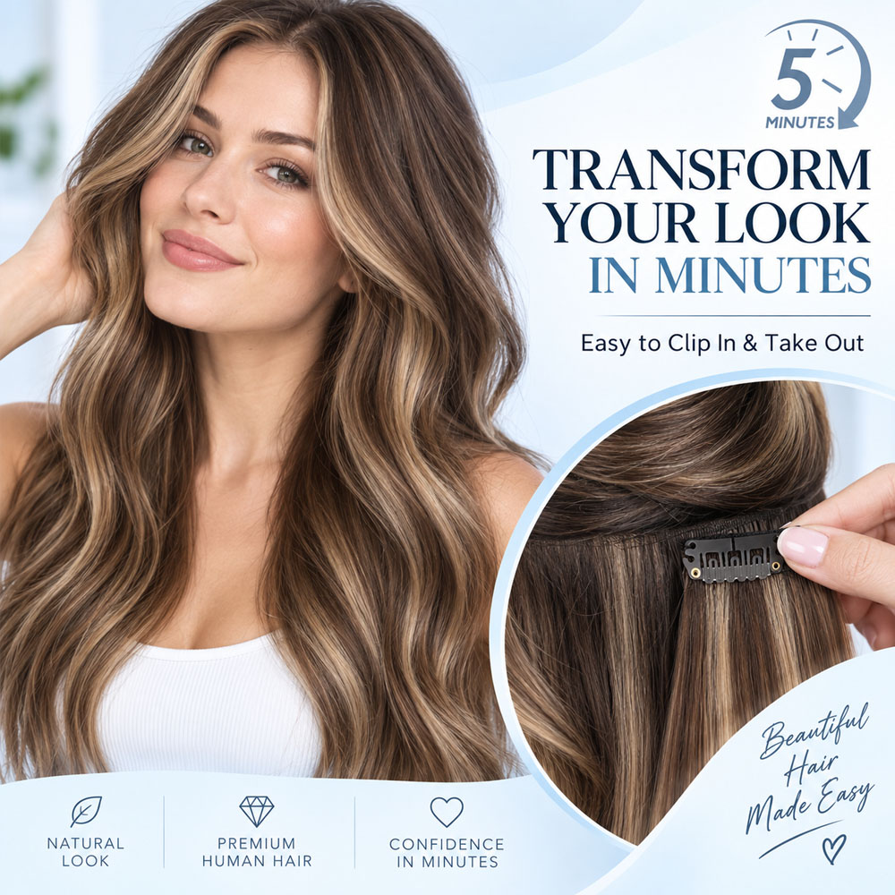 JOPEAR Straight Raw Human Hair Clip-In Extensions – Dark & Chestnut Brown Mix (T4/27/P4)