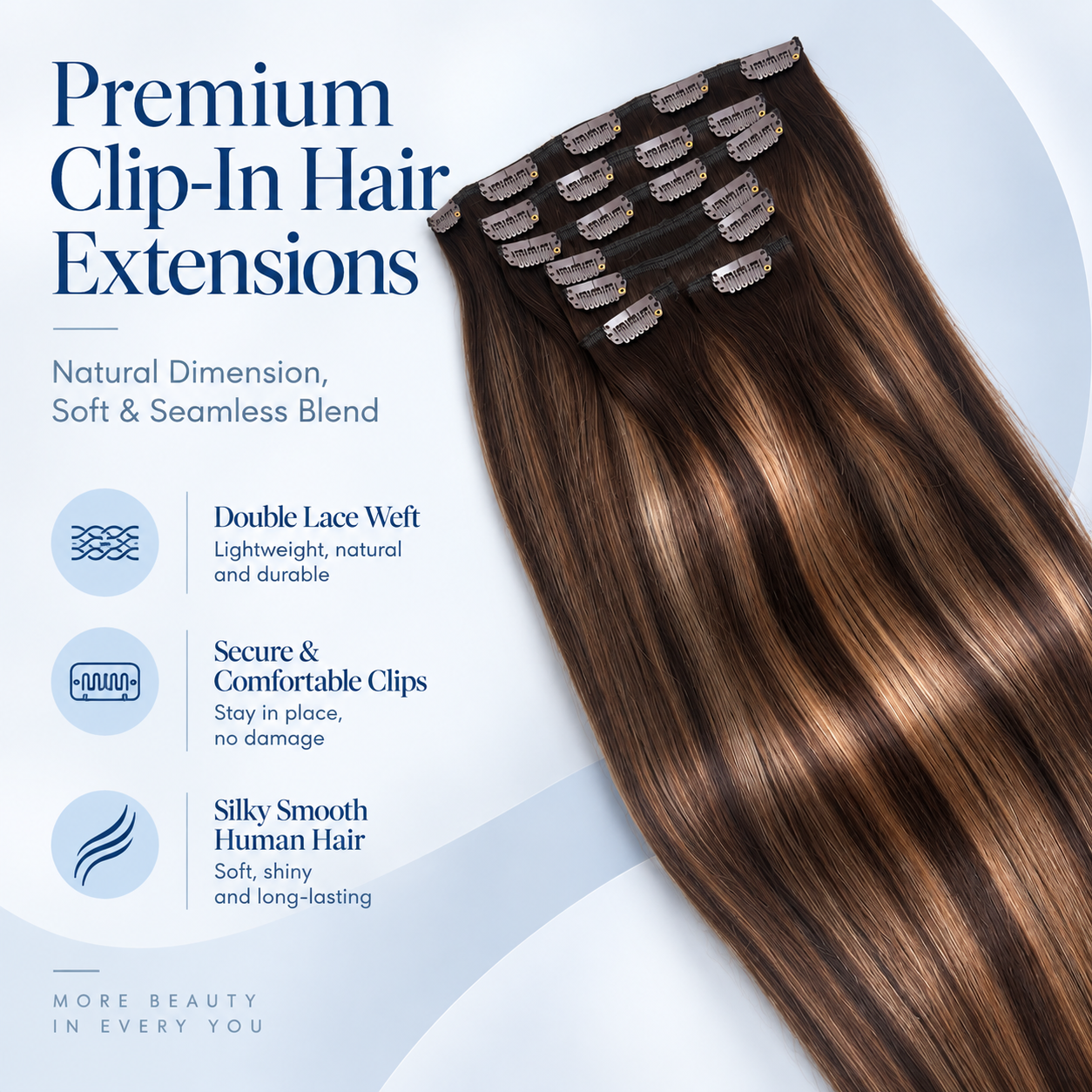JOPEAR Straight Raw Human Hair Clip-In Extensions – Chocolate Brown to Honey Blonde Highlights (T2/6/P2)