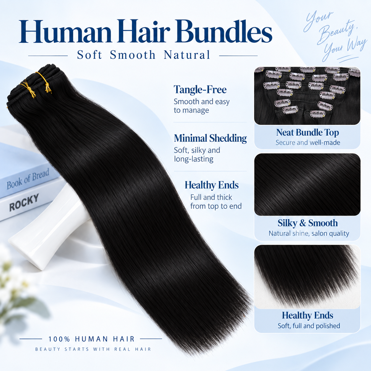 JOPEAR Straight Raw Human Hair Clip-In Extensions – Natural Black (#1B)