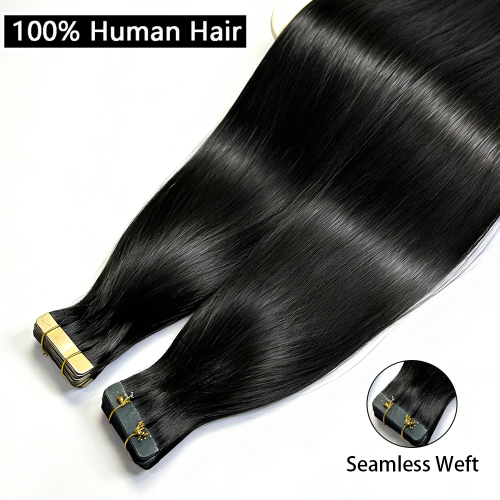 Luckockos Seamless Tape-In Human Hair Extensions - Natural Color Invisible PU Weft Lays Flat Skin Tape On Hair