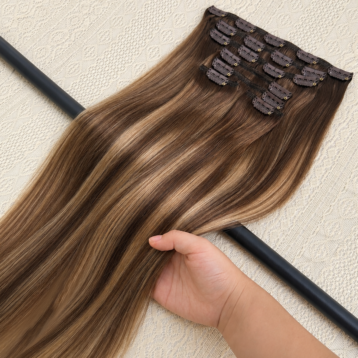 JOPEAR Straight Raw Human Hair Clip-In Extensions – Dark & Chestnut Brown Mix (T4/27/P4)