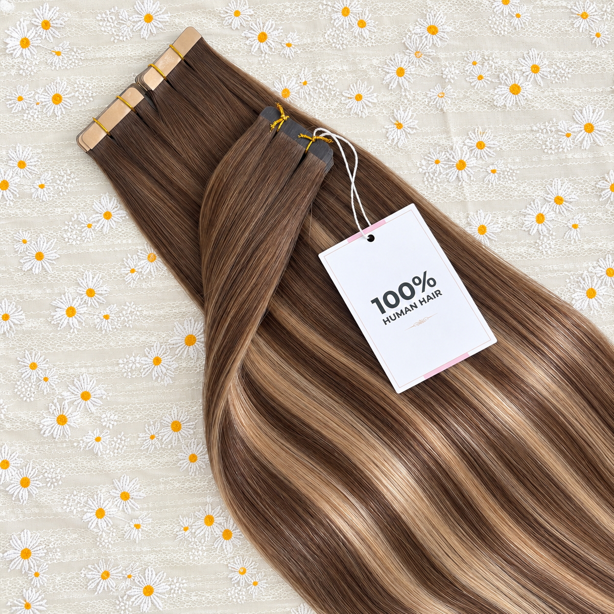JOPEAR Straight Seamless PU Tape-In Extensions – Chocolate & Honey Blonde Highlights (T4/27/P4)