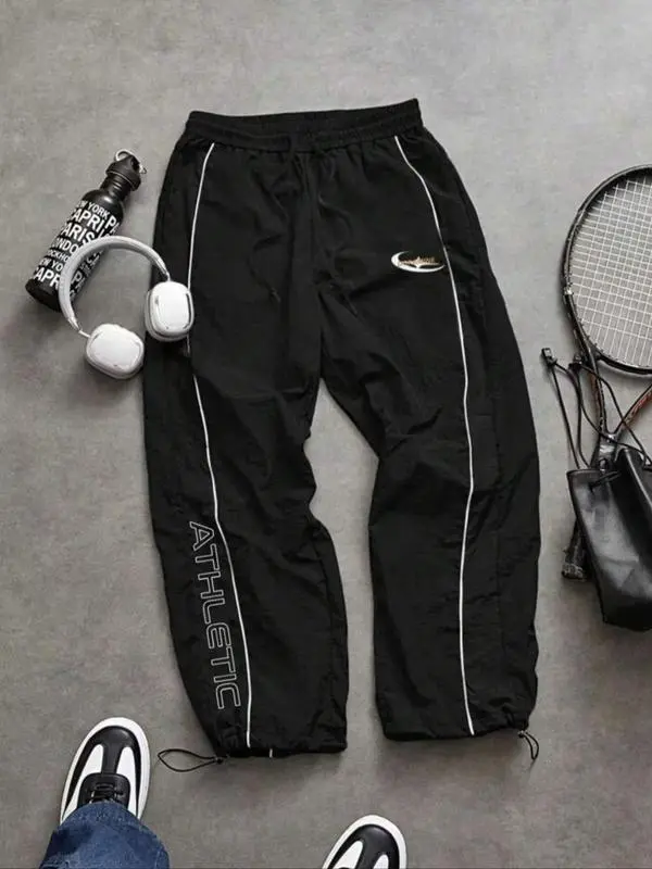 Men's Casual Sporty Long Pants, Loose Fit Drawstring Cuff