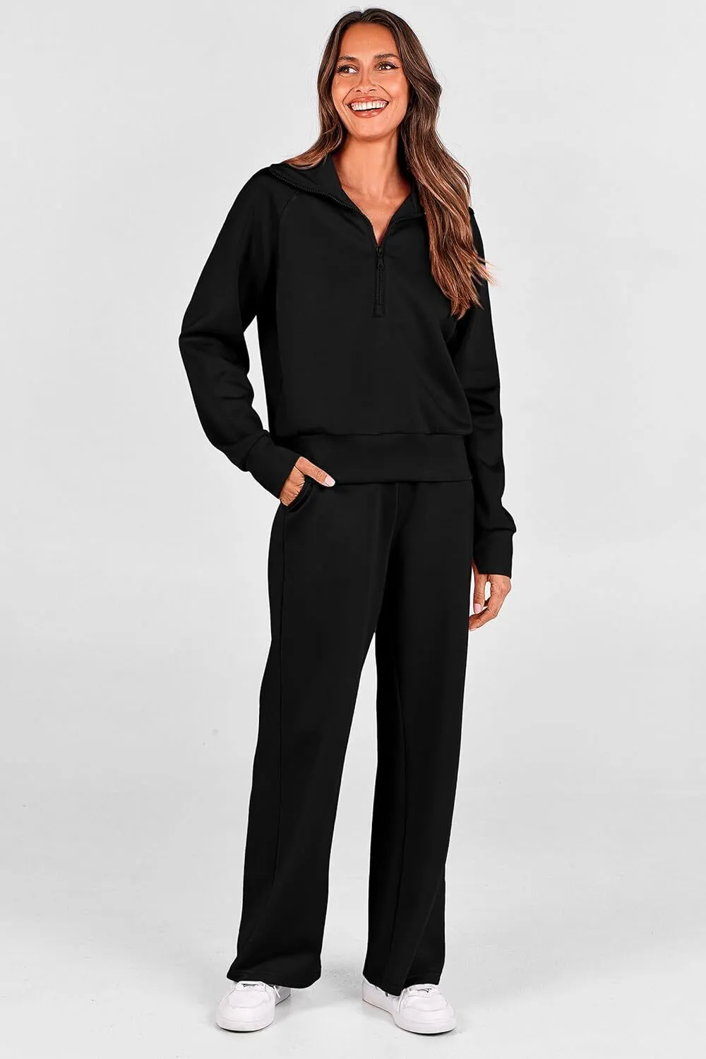 🔥Final Day Clearance!🛒Women's 2 Piece Outfits Casual Lapel Half Zip Sweatshirts And Wide Leg Pants Tracksuit Sets🔥8-PACK ONLY $28🔥