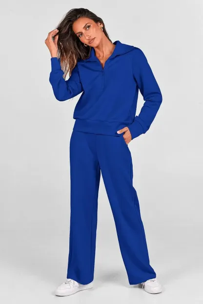 🔥Final Day Clearance!🛒Women's 2 Piece Outfits Casual Lapel Half Zip Sweatshirts And Wide Leg Pants Tracksuit Sets🔥8-PACK ONLY $28🔥