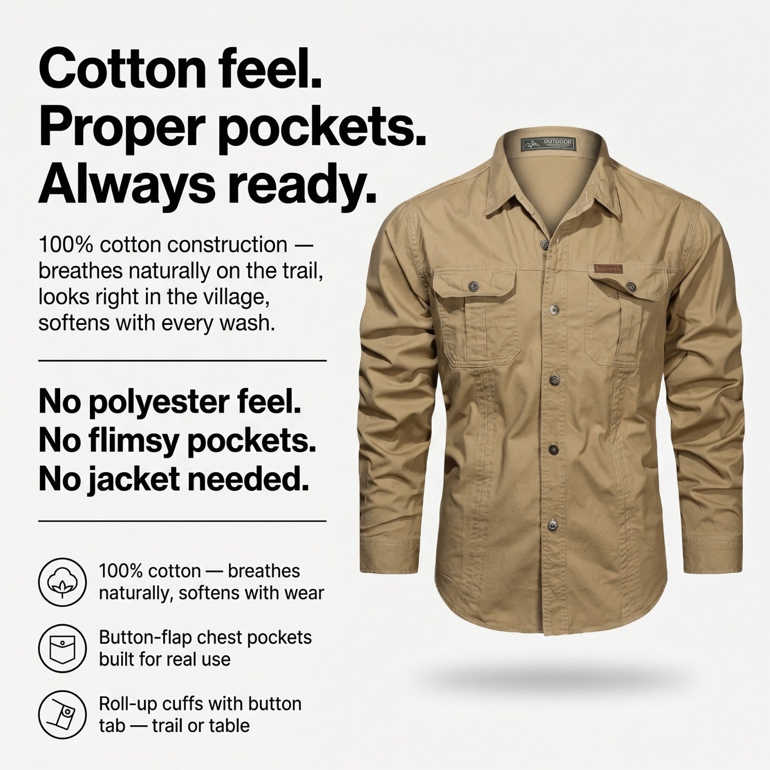 Men's Lightweight Long-Sleeve Outdoor Shirt – Durable Cotton Design