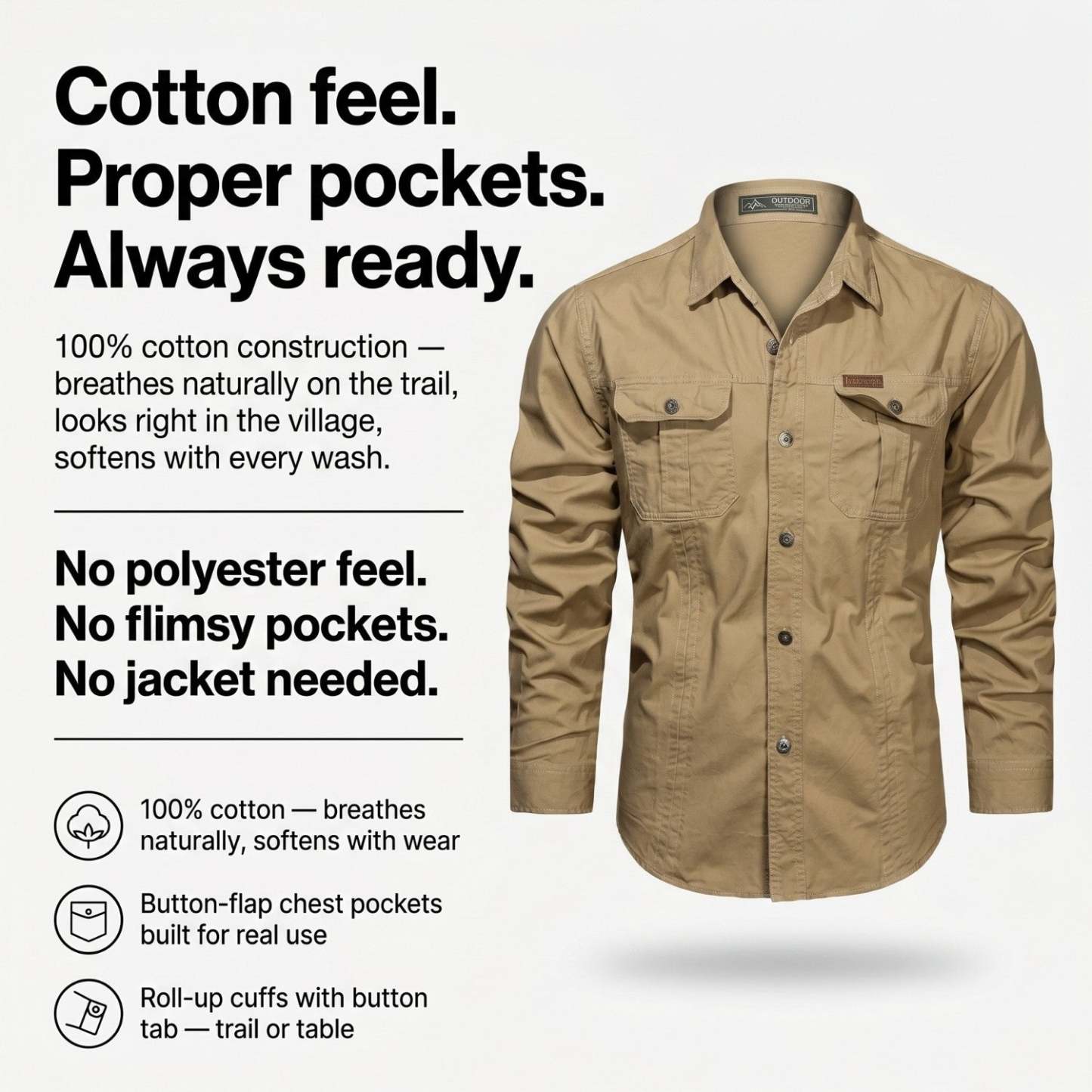 Men's Lightweight Long-Sleeve Outdoor Shirt – Durable Cotton Design