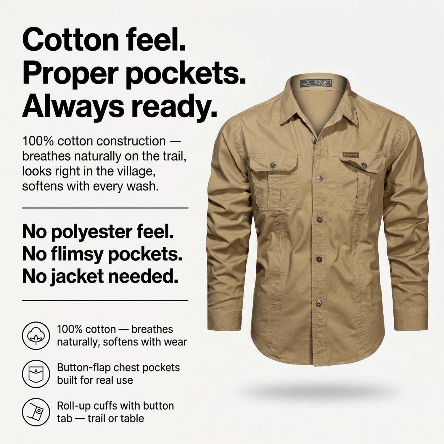 Men's Lightweight Long-Sleeve Outdoor Shirt – Durable Cotton Design