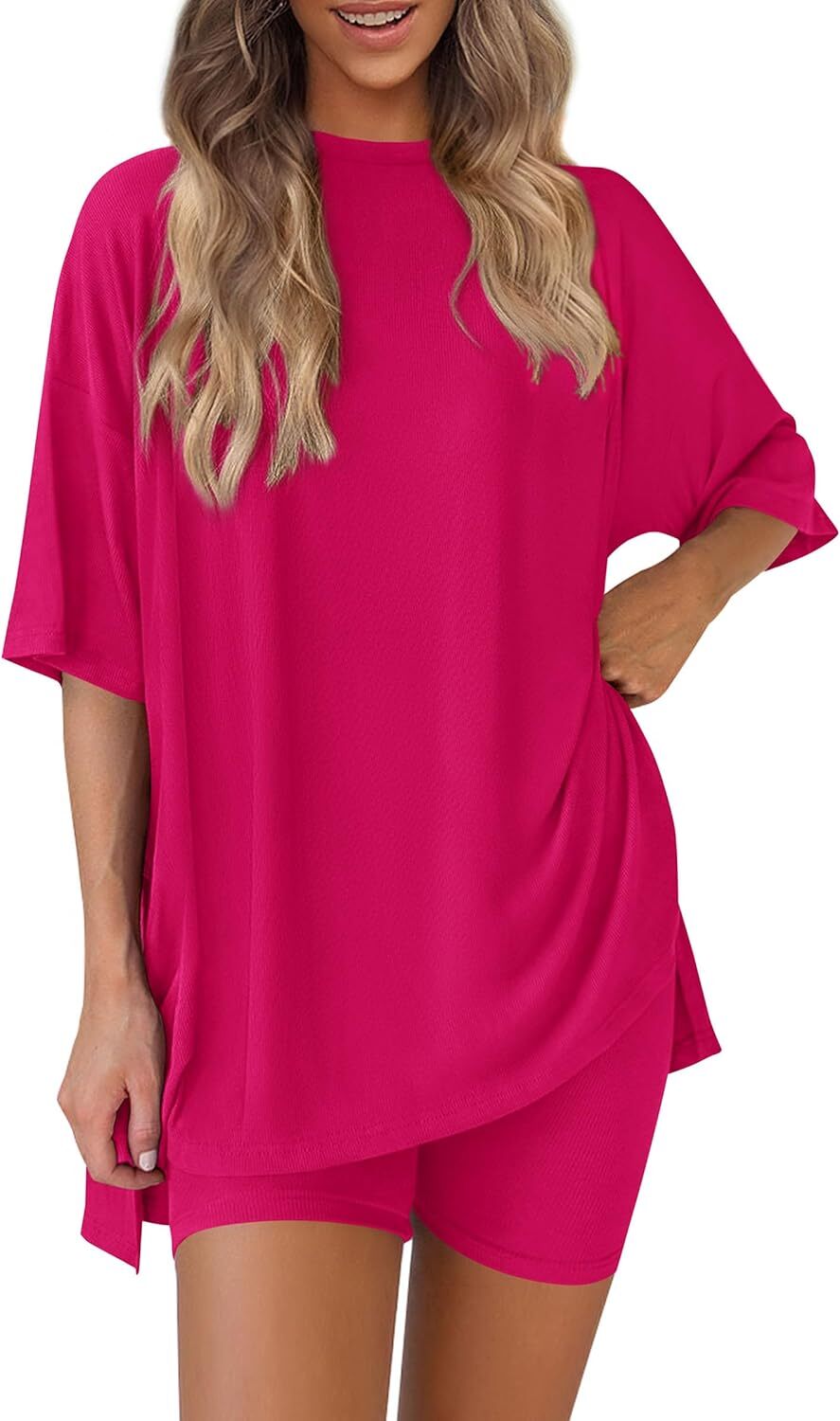 Special Sale❤️Women's Two Piece Lounge Set 2026 Summer Casual Oversized Shirts  Biker Shorts Matching Airport Travel Outfit