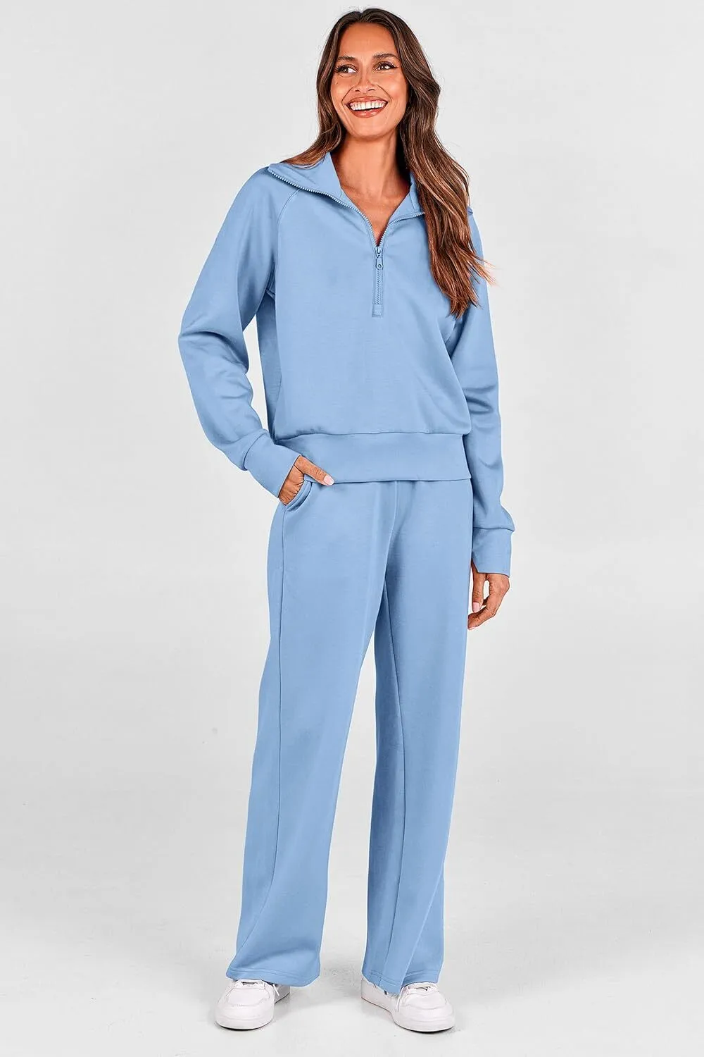 🔥Final Day Clearance!🛒Women's 2 Piece Outfits Casual Lapel Half Zip Sweatshirts And Wide Leg Pants Tracksuit Sets🔥8-PACK ONLY $28🔥