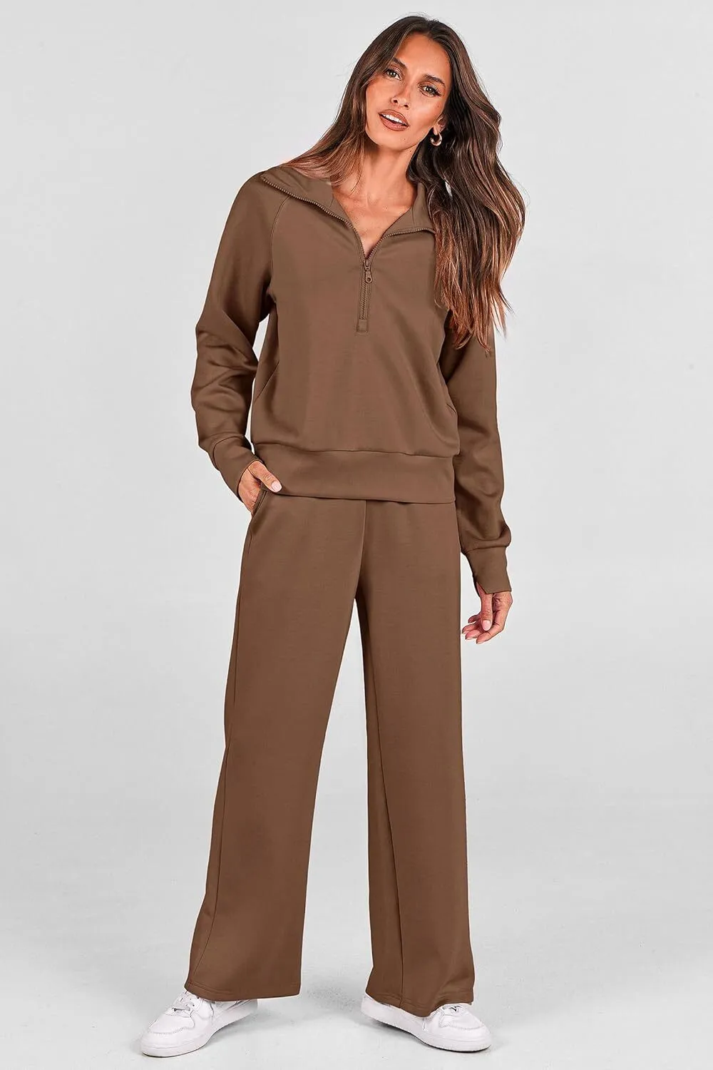 🔥Final Day Clearance!🛒Women's 2 Piece Outfits Casual Lapel Half Zip Sweatshirts And Wide Leg Pants Tracksuit Sets🔥8-PACK ONLY $28🔥