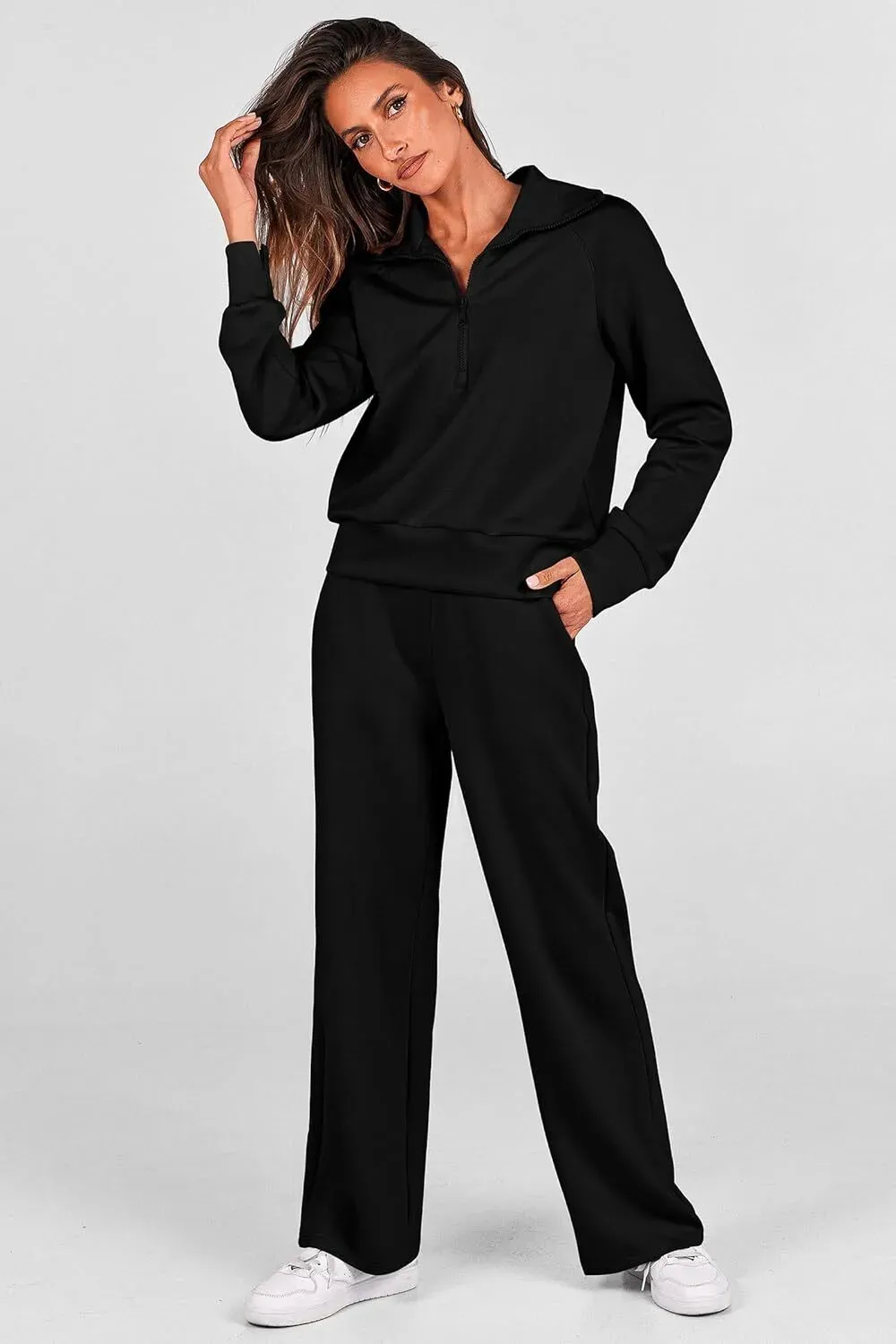 🔥Final Day Clearance!🛒Women's 2 Piece Outfits Casual Lapel Half Zip Sweatshirts And Wide Leg Pants Tracksuit Sets🔥8-PACK ONLY $28🔥