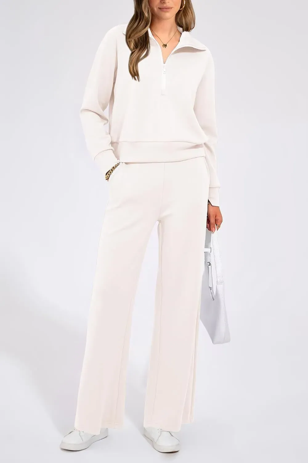 🔥Final Day Clearance!🛒Women's 2 Piece Outfits Casual Lapel Half Zip Sweatshirts And Wide Leg Pants Tracksuit Sets🔥8-PACK ONLY $28🔥