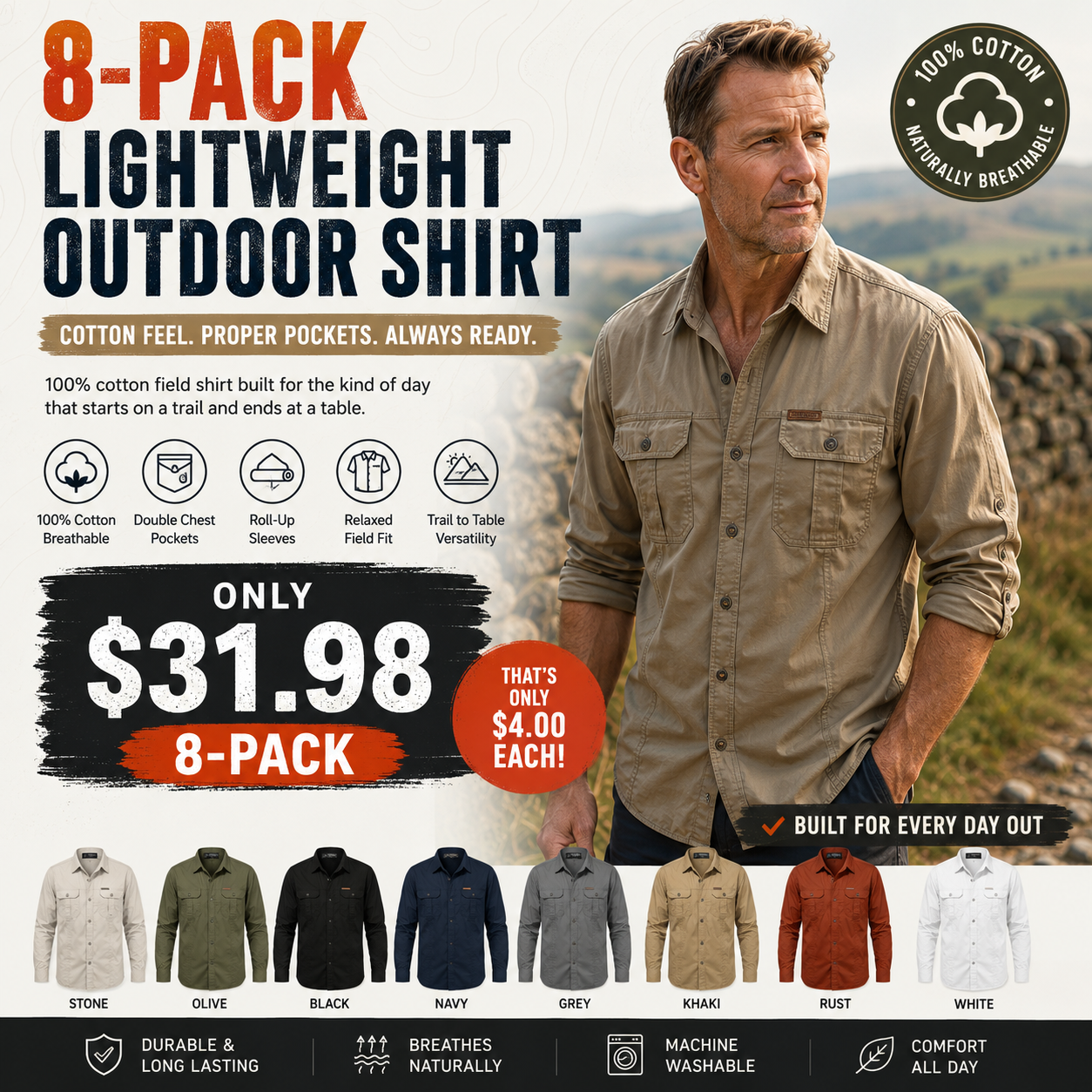 Men's Lightweight Long-Sleeve Outdoor Shirt – Durable Cotton Design