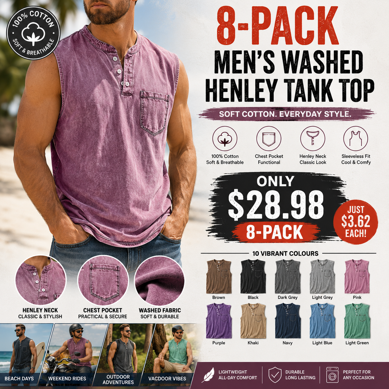 Men's 100% Cotton Henley Tank Top