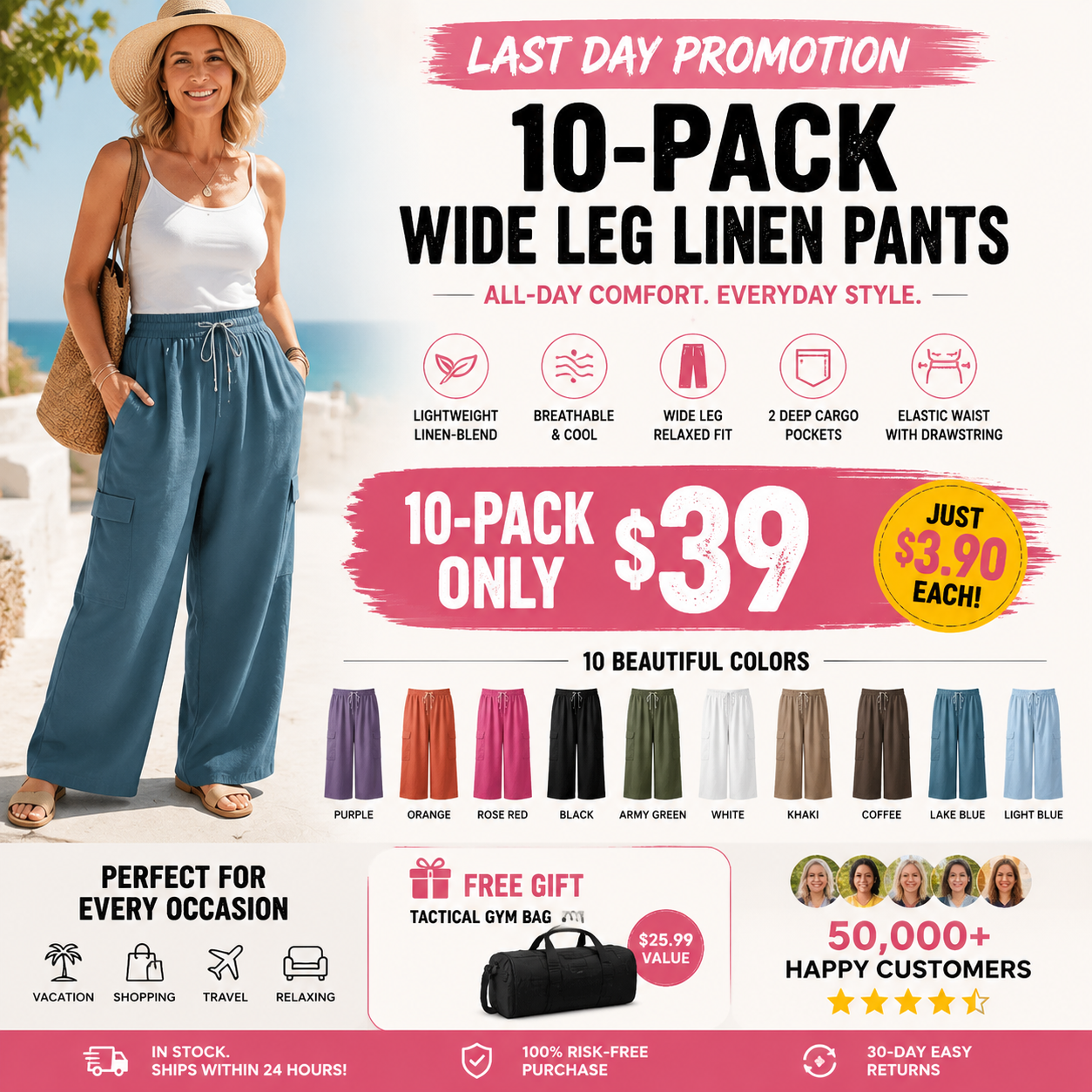 Women Comfort Lightweight Linen Wide Leg Cargo Pants