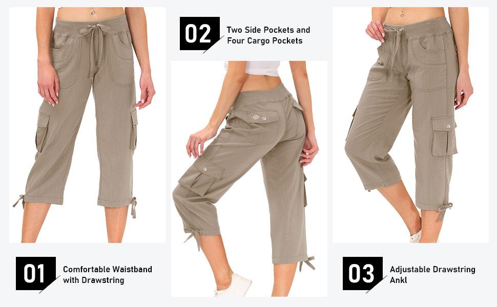MoFiz Women's Cargo Capris Hiking Pants Lightweight Quick Dry Outdoor Athletic Travel Casual Loose Comfy Cute Pockets