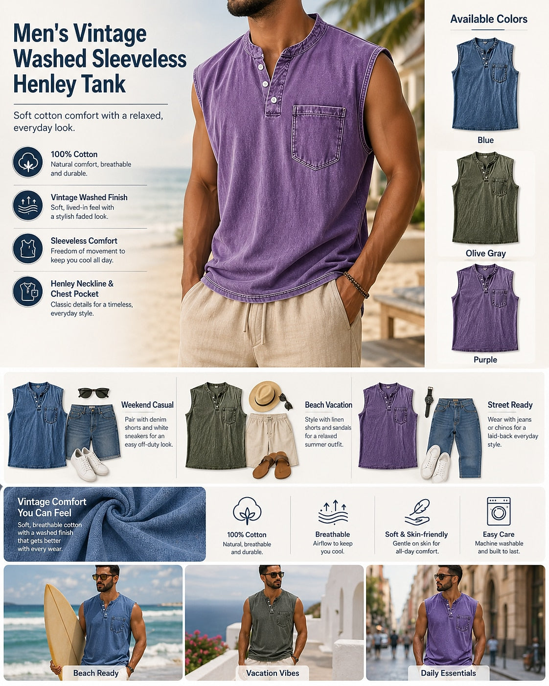 Men's 100% Cotton Henley Tank Top