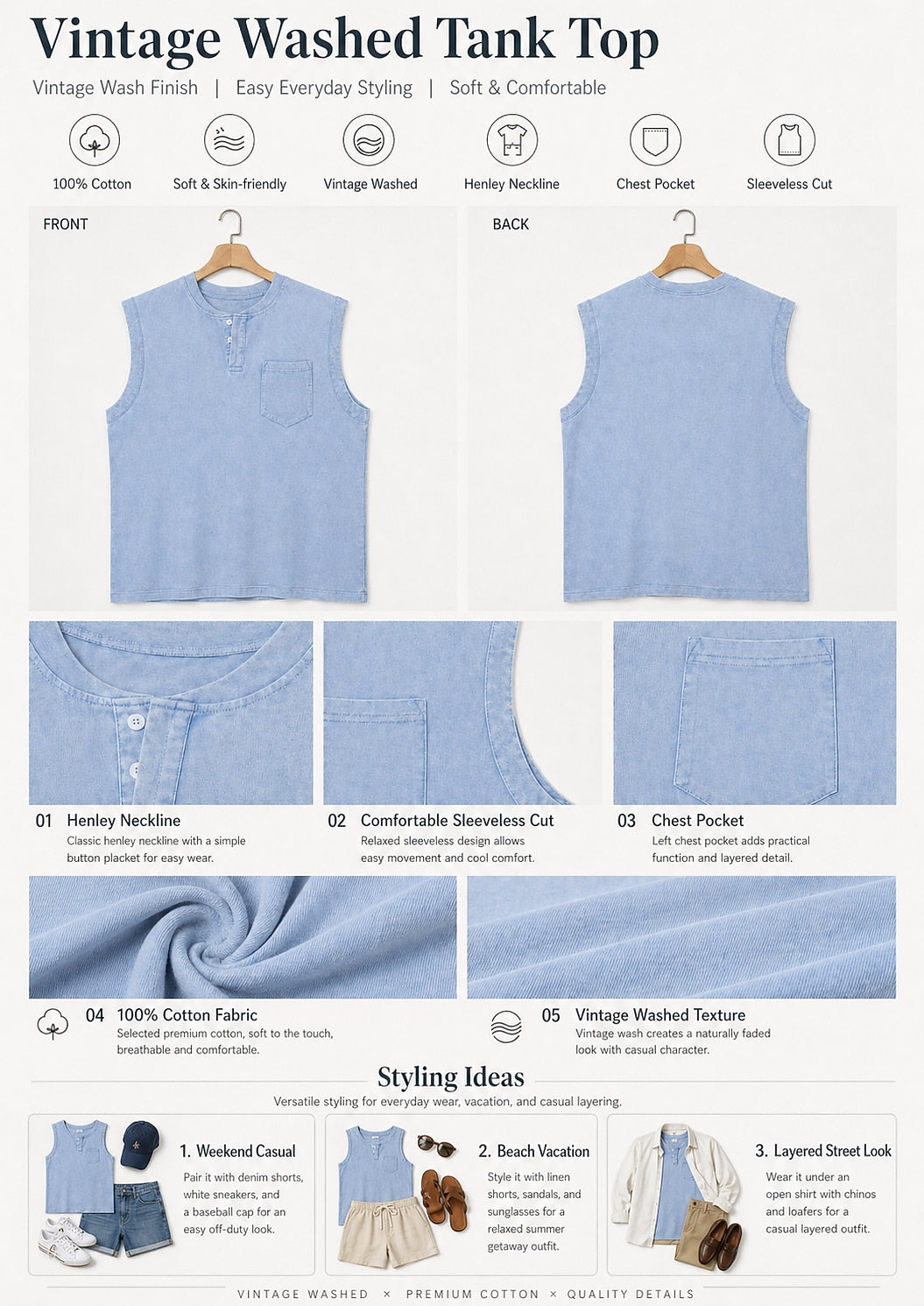 Men's 100% Cotton Henley Tank Top