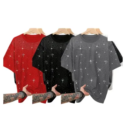 Unisex Rhinestone Cross Pattern T-Shirt