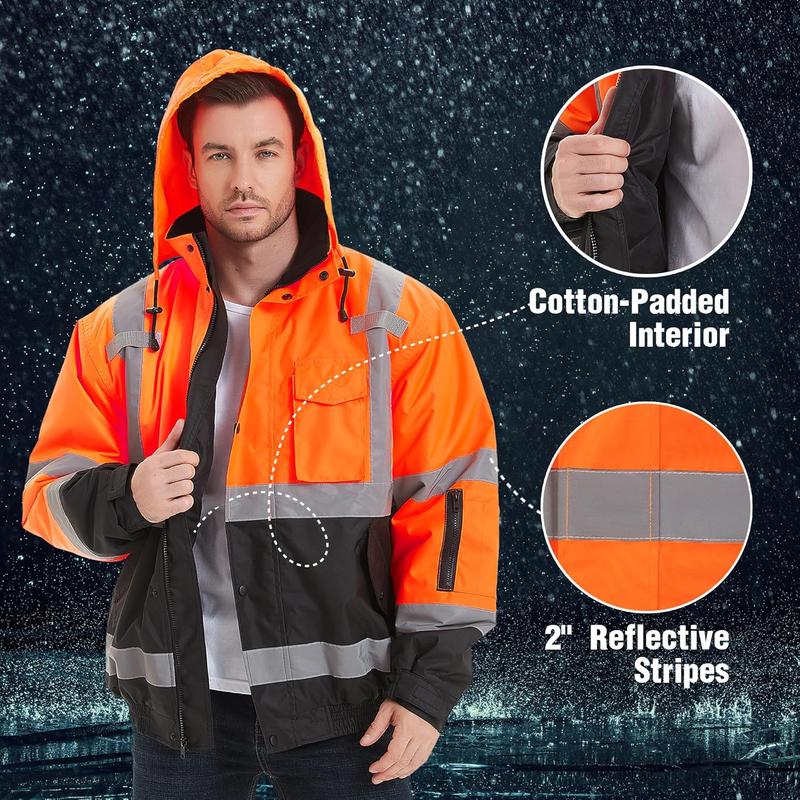ProtectX Hi Vis Safety Jacket, High Visibility Waterproof Reflective Winter Construction Bomber Jacket for Men With Multi Pockets Menswear Clothing Workwear
