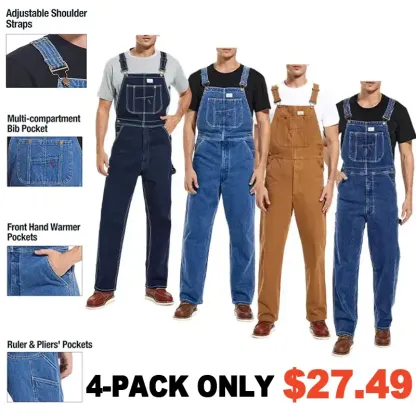 🔥Men's 4-Pack Flex Denim Bib Overalls — Adjustable & Utility Ready