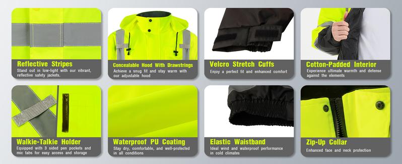 ProtectX Hi Vis Safety Jacket, High Visibility Waterproof Reflective Winter Construction Bomber Jacket for Men With Multi Pockets Menswear Clothing Workwear