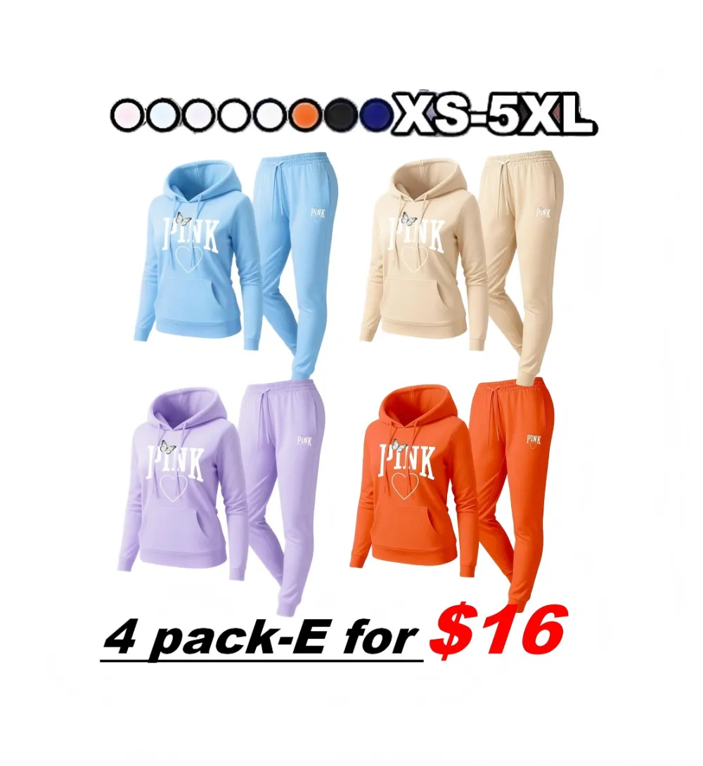 🔥Popular This Week🔥Women's Pink Heart Print Hair And Sunglasses Hoodie And Drawstring Track Pants Set