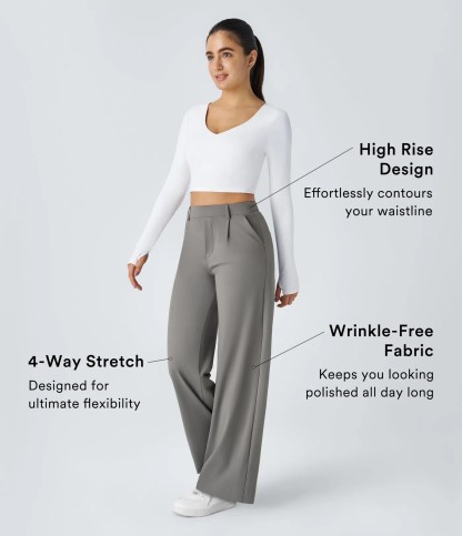 High-waisted Straight Leg Work Pants with Pockets