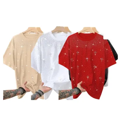 Unisex Rhinestone Cross Pattern T-Shirt