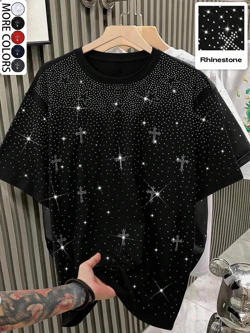 Unisex Rhinestone Cross Pattern T-Shirt, Street Style Glam Top, Sparkling Fashion Design, Perfect for Daily Wear & Night Out