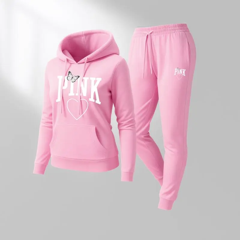 🔥Popular This Week🔥Women's Pink Heart Print Hair And Sunglasses Hoodie And Drawstring Track Pants Set