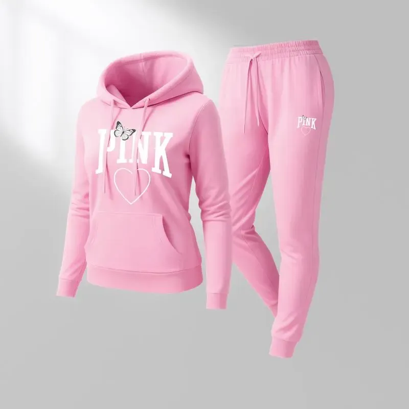 🔥Popular This Week🔥Women's Pink Heart Print Hair And Sunglasses Hoodie And Drawstring Track Pants Set