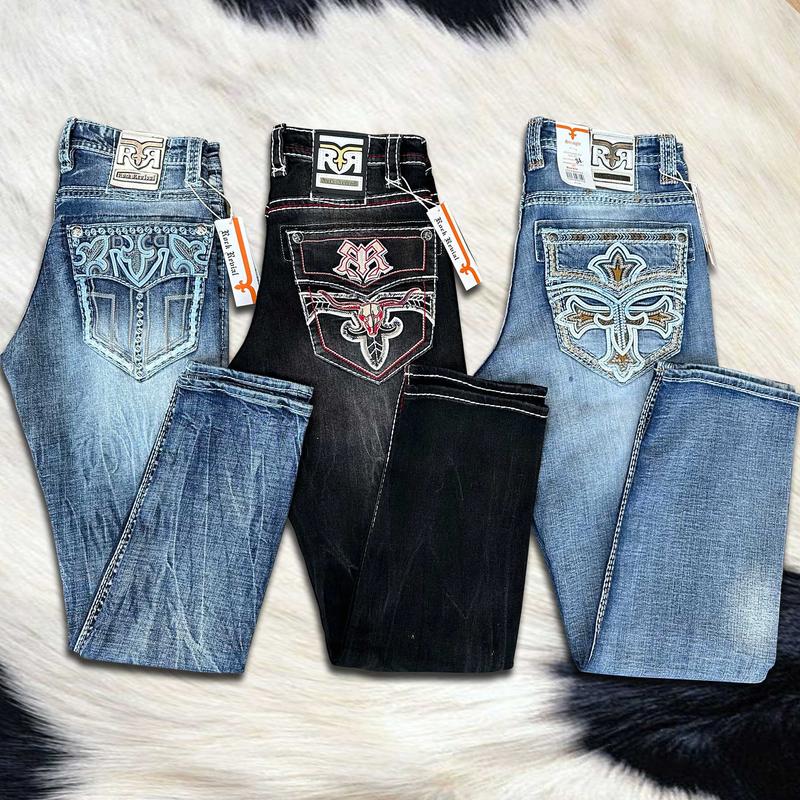 Rock Revival Jeans for Men - Premium Western Denim Collection with Heavy Stitching & Signature Embroidery - R Pocket Jeans | Fleur-de-Lis Jeans | Cross Patch Jeans | Classic Bootcut & Straight Fit Styles - Y2K Cowboy Streetwear