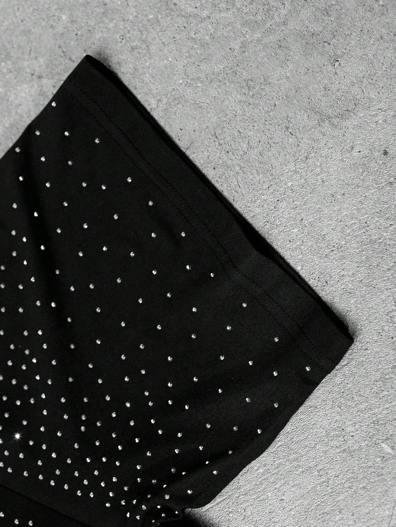 Unisex Rhinestone Cross Pattern T-Shirt, Street Style Glam Top, Sparkling Fashion Design, Perfect for Daily Wear & Night Out