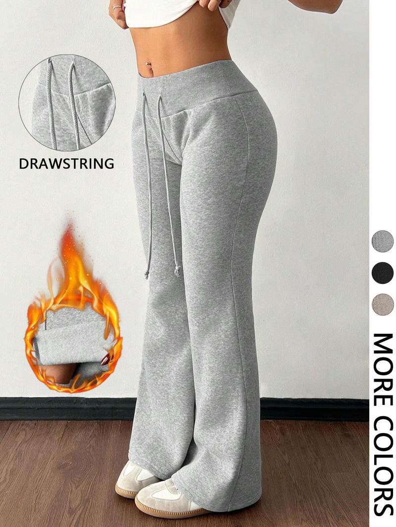 Women's Casual Low Waist Drawstring Elastic Sports Pants, Warm Thermal Lining, Suitable for Autumn Winter, Flare Leg Design, Sports Bottoms