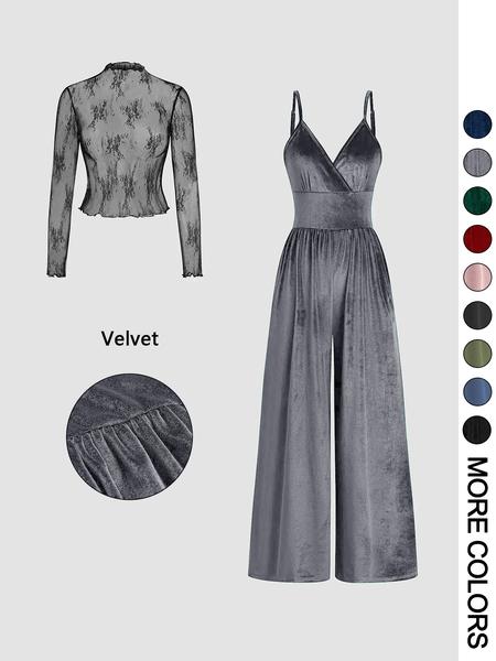 Women's Solid Color Lace Tee & Pocket Jumpsuit Two-piece Set, Elegant Fashion Casual Zipper Back Cami Jumpsuit & Long Sleeve Top for Daily Outdoor Wear, Women's Clothing for Spring & Fall