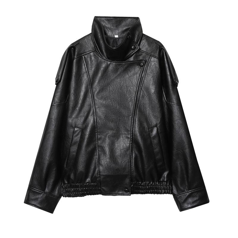 Black Faux Leather Jacket Stand Collar Oversized Moto Biker Jacket Elastic Hem Streetwear Casual Long Sleeve Waterproof Windproof Outerwear for Spring & Fall Ladies Clothes for Daily Wear - Coats active woman overcoat  line  dress slim-fitting style knit