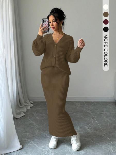 Women's Solid Button Front Sweater & Long Skirt Two-piece Set, Casual Drop Shoulder Long Sleeve Knit Top & High Waist Skirt for Daily Outdoor Wear, Women's Knitwear for Fall & Winter