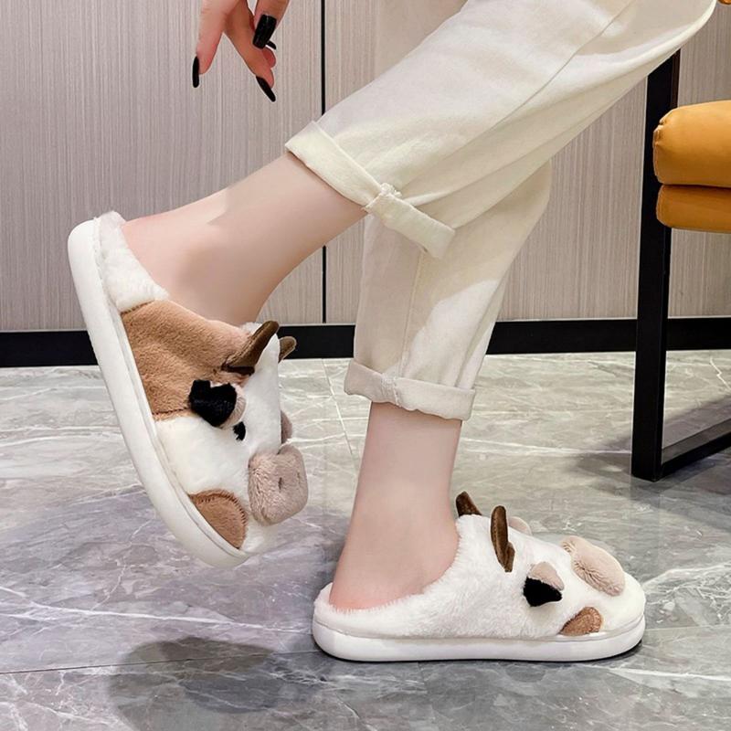 Cozy Cotton Cow Slippers for Women - Cute Animal Bedroom Shoes Winter Indoor Outdoor Slippers for Women