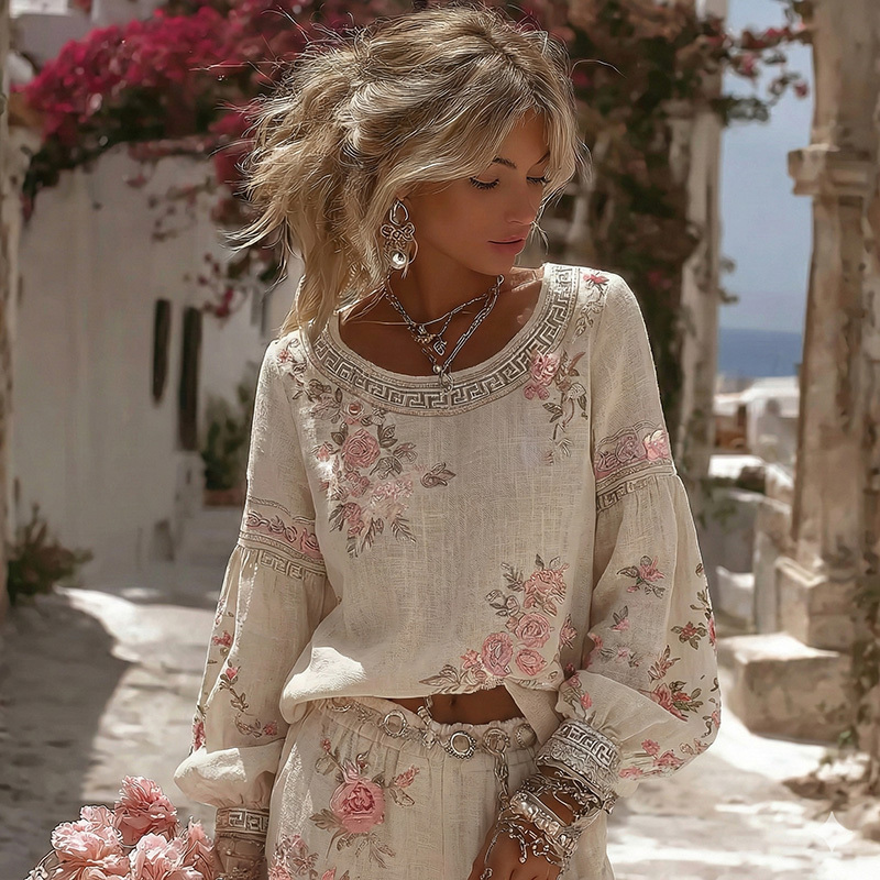 Women's Greece Vacation Greek Key With Floral Print Linen Tops