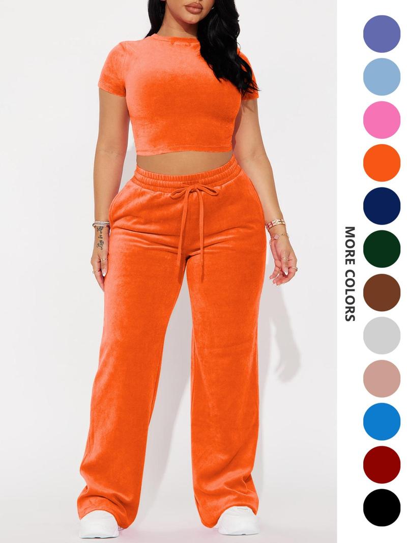 SMSN Women's Solid Tee & Pants 2 Piece Co-ord Set Casual Subtle Flexibility Comfortable Fabric Round Neck Crop Top & Trousers for Daily Wear Minimalist Basic Crewneck Shortsleeve Matching Sets for Women Womenswear Clothes