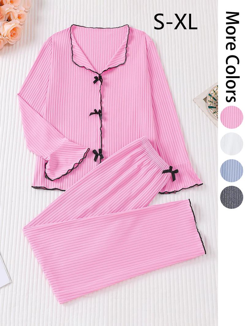 Women's Long Sleeve Top & Pants Pajama Set, Casual Comfy Bow Top & Trousers Pajama Set, Ladies Sleepwear for All Seasons