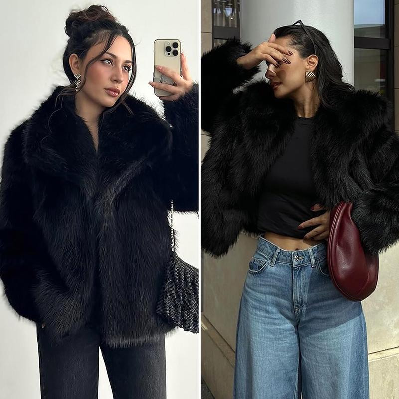 Buenoble Women's Brown Faux Fur Coat Winter Fluffy Short Jacket Warm Fuzzy Oversized Outwear Top Shaggy Collar Full Lining Short Jacket with Side Pockets