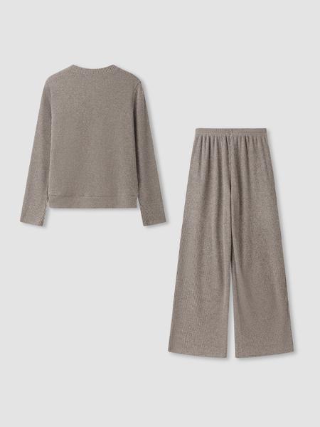 Women's Casual Comfortable Round Neck Long Sleeve Knit Sweater Set, High Waist Versatile Wide Leg Pants, Perfect for Daily Wear