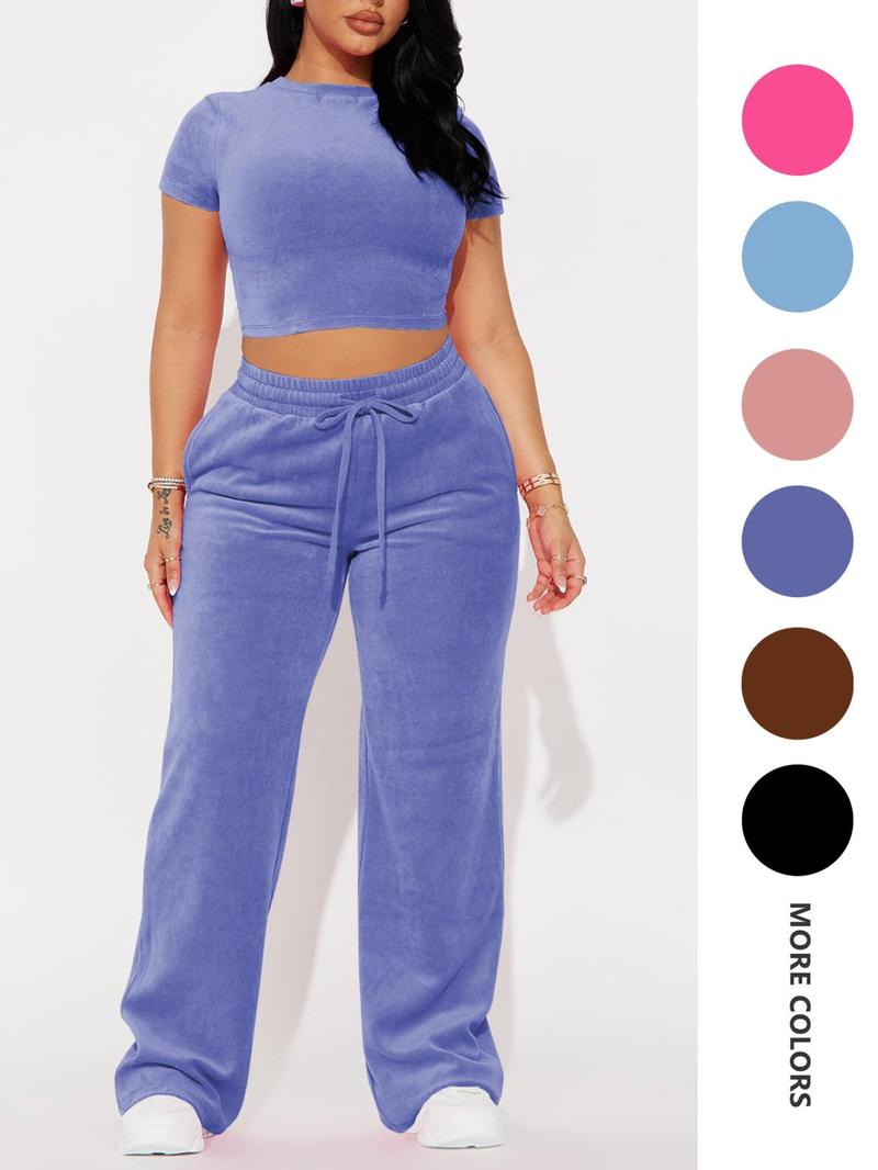 SMSN Women's Solid Tee & Pants 2 Piece Co-ord Set Casual Subtle Flexibility Comfortable Fabric Round Neck Crop Top & Trousers for Daily Wear Minimalist Basic Crewneck Shortsleeve Matching Sets for Women Womenswear Clothes