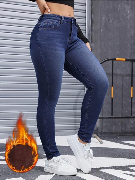 Women's Fall Winter Fleece Lined Denim Jeans, Elegant Woven Fabric, Thicken Warm Comfortable Pants, High Waist Slim Fit Design