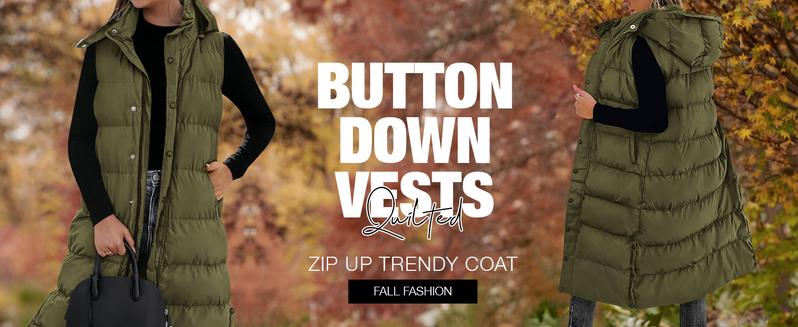 BTFBM Women's Long Puffer Vest with Quilted Hood and Button Down Closure for Winter Coat 2025 - Tops, Womenswear