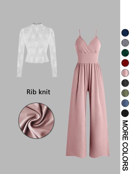 Women's Solid Color Lace Tee & Pocket Jumpsuit Two-piece Set, Elegant Fashion Casual Zipper Back Cami Jumpsuit & Long Sleeve Top for Daily Outdoor Wear, Women's Clothing for Spring & Fall